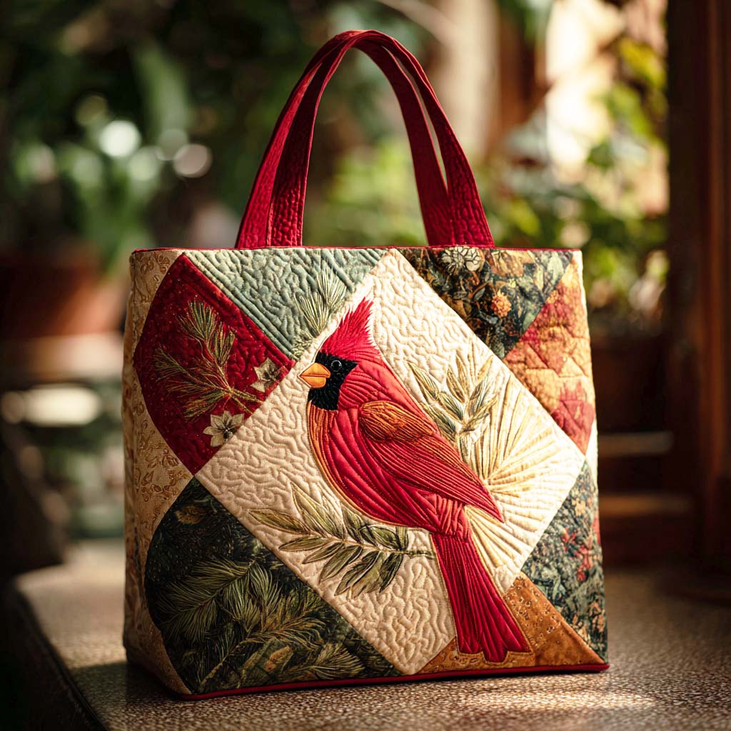 Crimson Frost Quilted Tote Bag Cardinal Gift Items