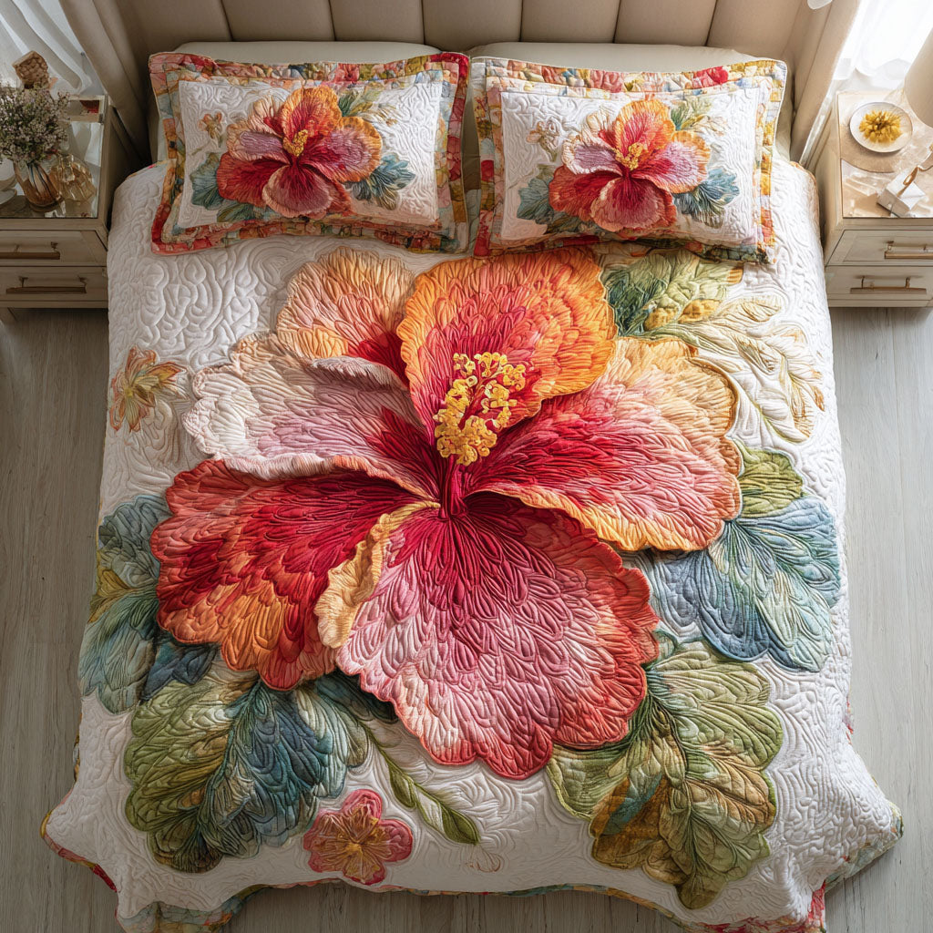 Crimson Hibiscus Quilted Bedding Set Unique Bed Sheet Set Christmas Floral Gifts