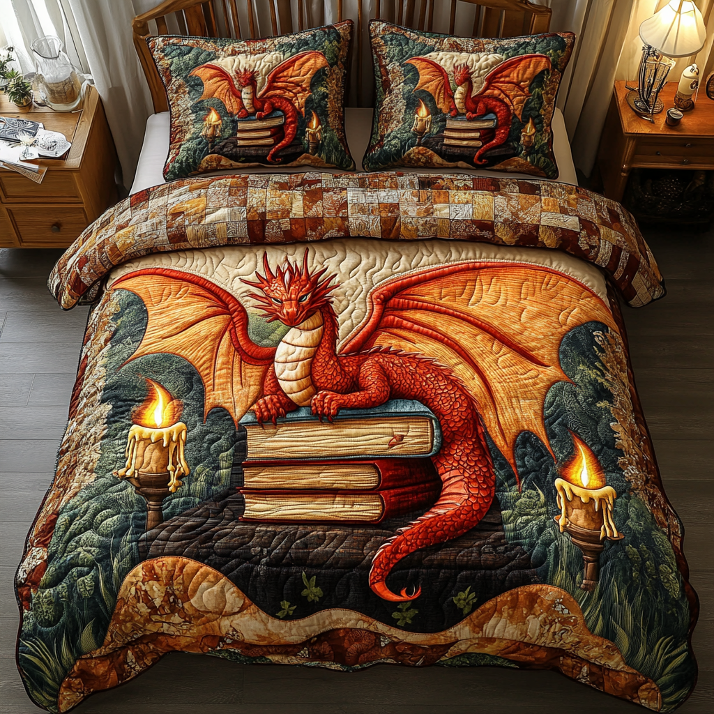 Crimson Inferno Quilted Bedding Set Aesthetic Room Decor Best Gift For Dragon Lovers