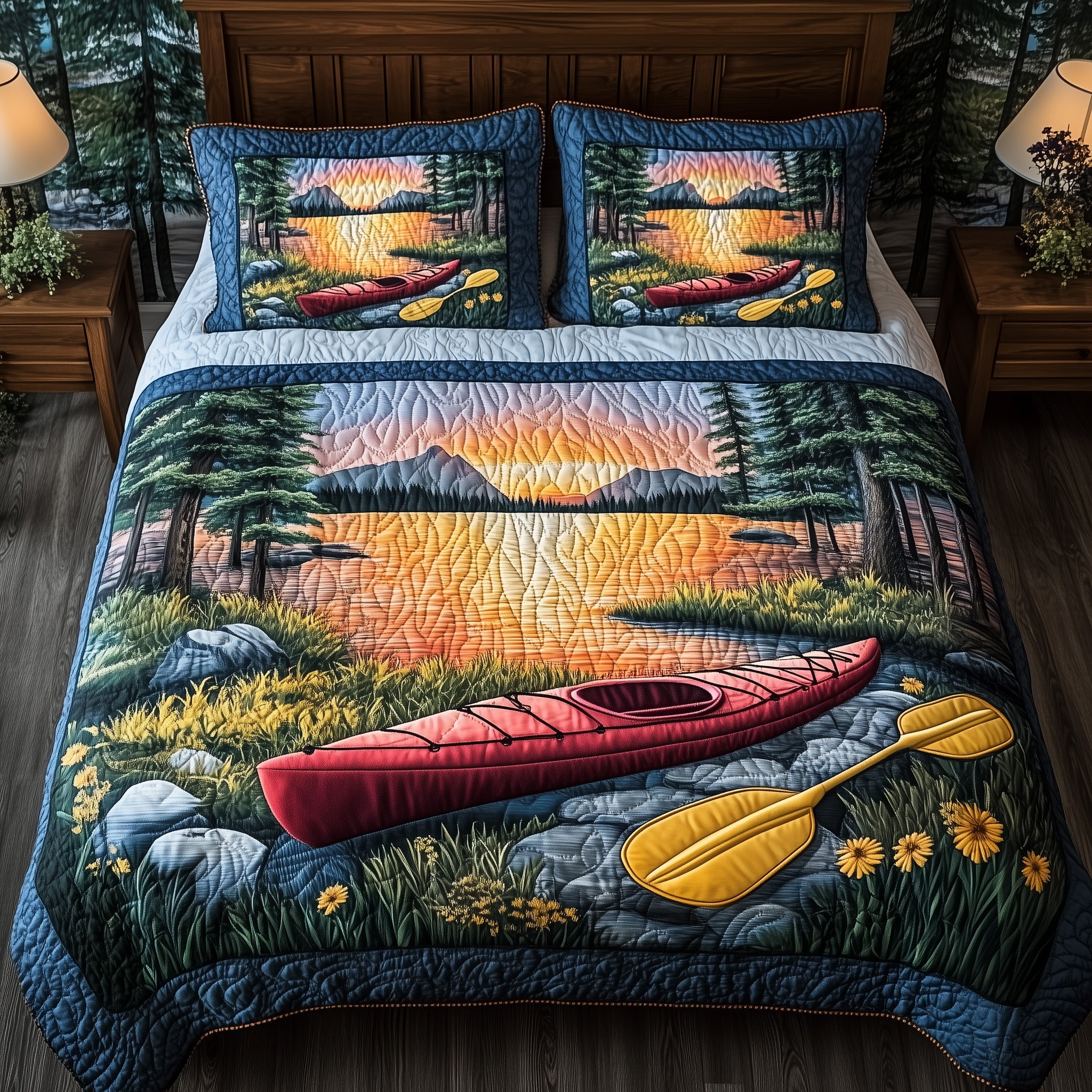 Crimson Kayak at Dusk Quilted Bedding Set Duvet Cover Merchandise Gift For Kayak Lover