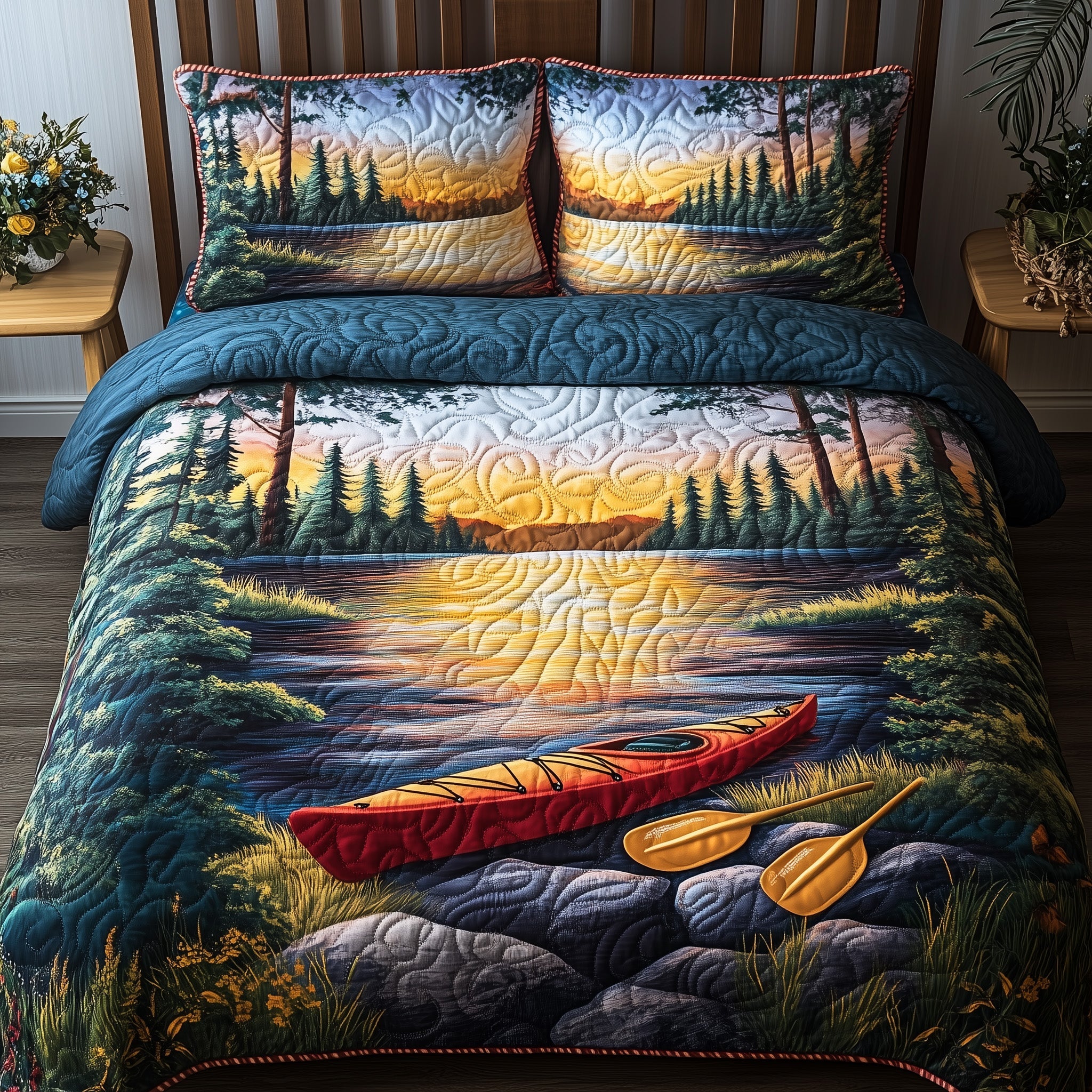 Crimson Kayak at Dusk Quilted Bedding Set Duvet Cover Merchandise Kayak Gifts For Her