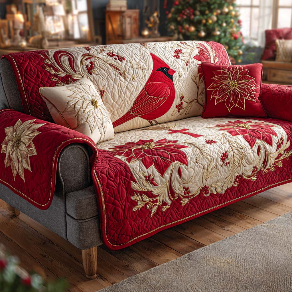 Crimson Magic Quilted Sofa Cover Christmas Family Room Decor Cardinal Themed Gifts