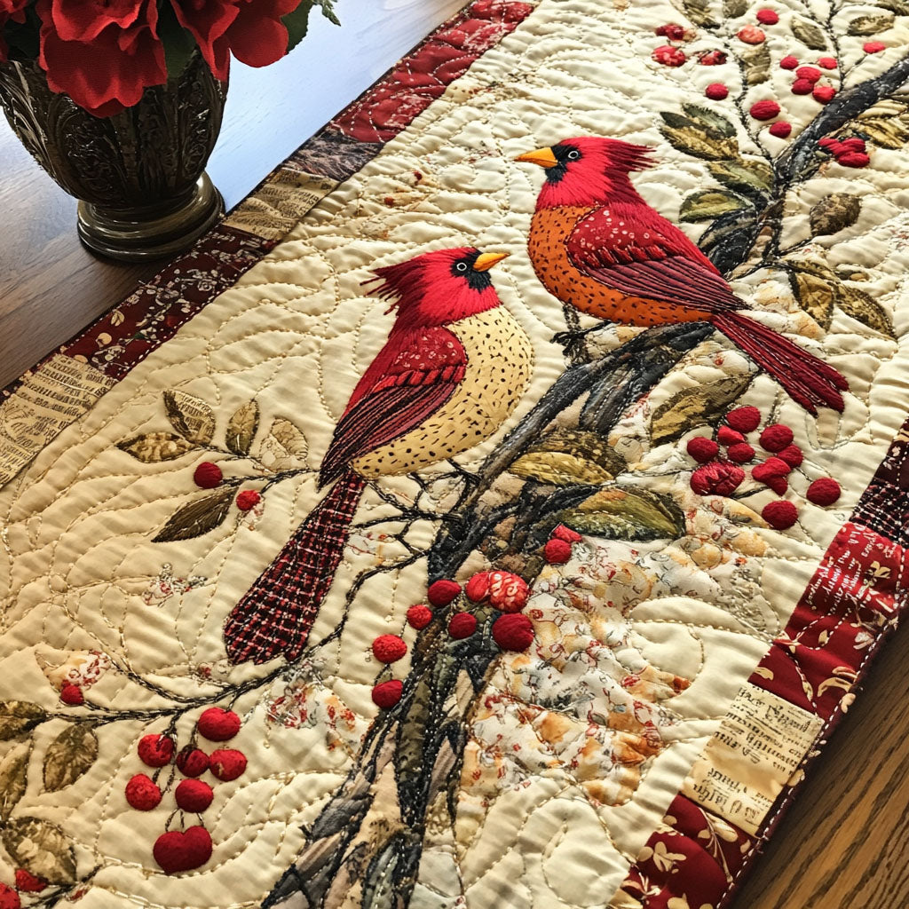 Crimson Melody Quilted Table Runner Dining Room Centerpieces Red Cardinal Gifts Ideas