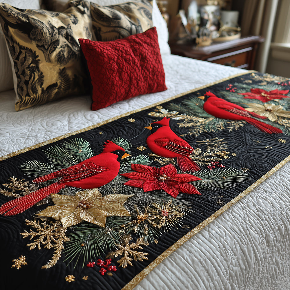 Crimson Midnight Birds Quilted Bed Runner Holiday Bed Runner Red Cardinal Gifts Ideas