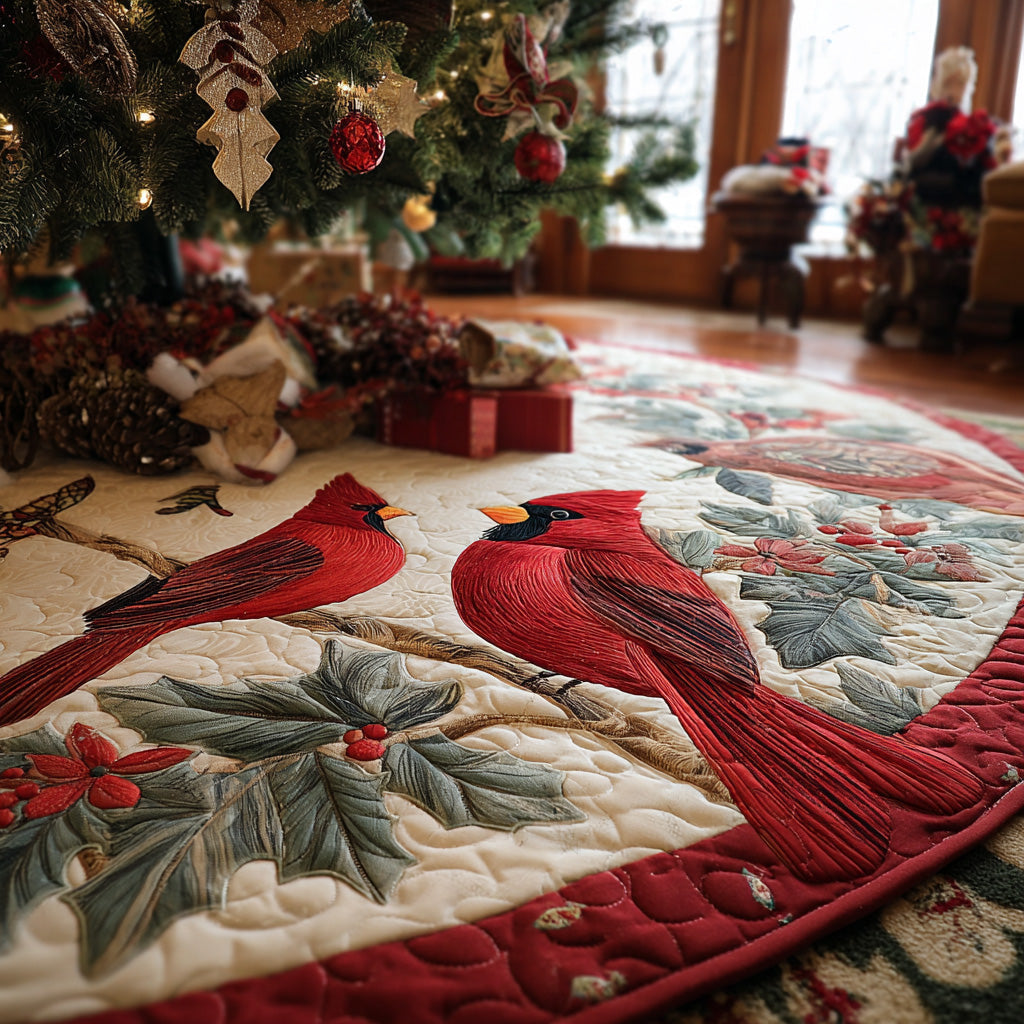 Crimson Noel Quilted Christmas Tree Skirt Winter Holiday Decor Cardinal Christmas Gift