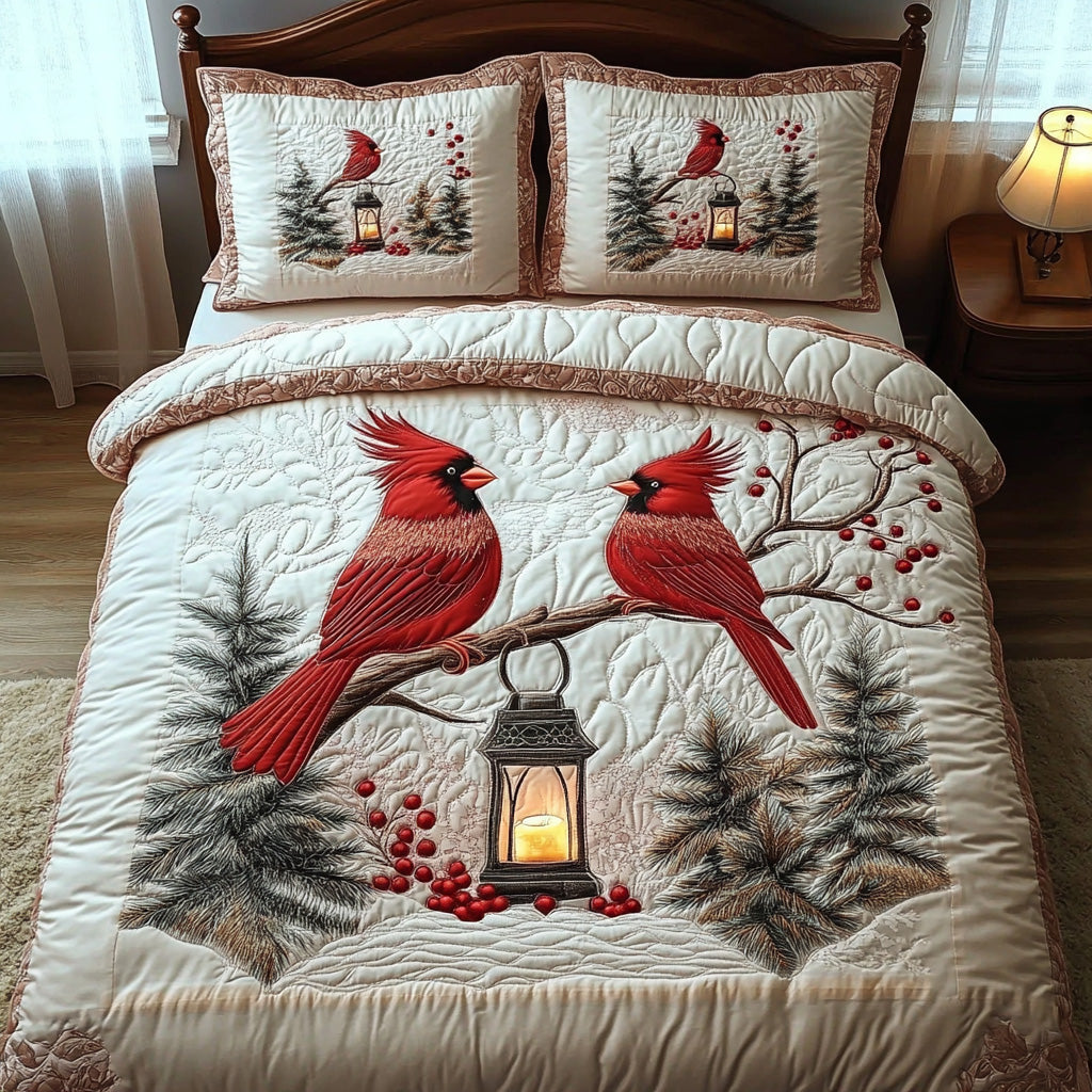 Crimson Pair Quilted Bedding Set Aesthetic Room Decor Unique Cardinal Gift Ideas