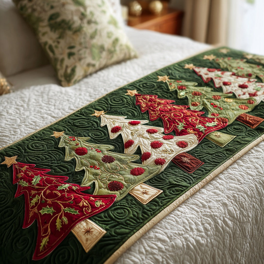 Crimson Pines Quilted Bed Runner Christmas Bedroom Decor Family Xmas Present Ideas