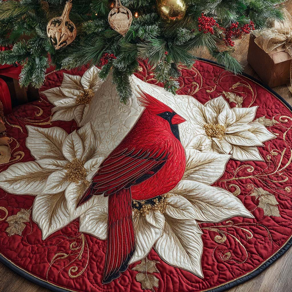 Crimson Poinsettia Grace Quilted Tree Skirt Xmas Indoor Decorations Unique Cardinal Gifts