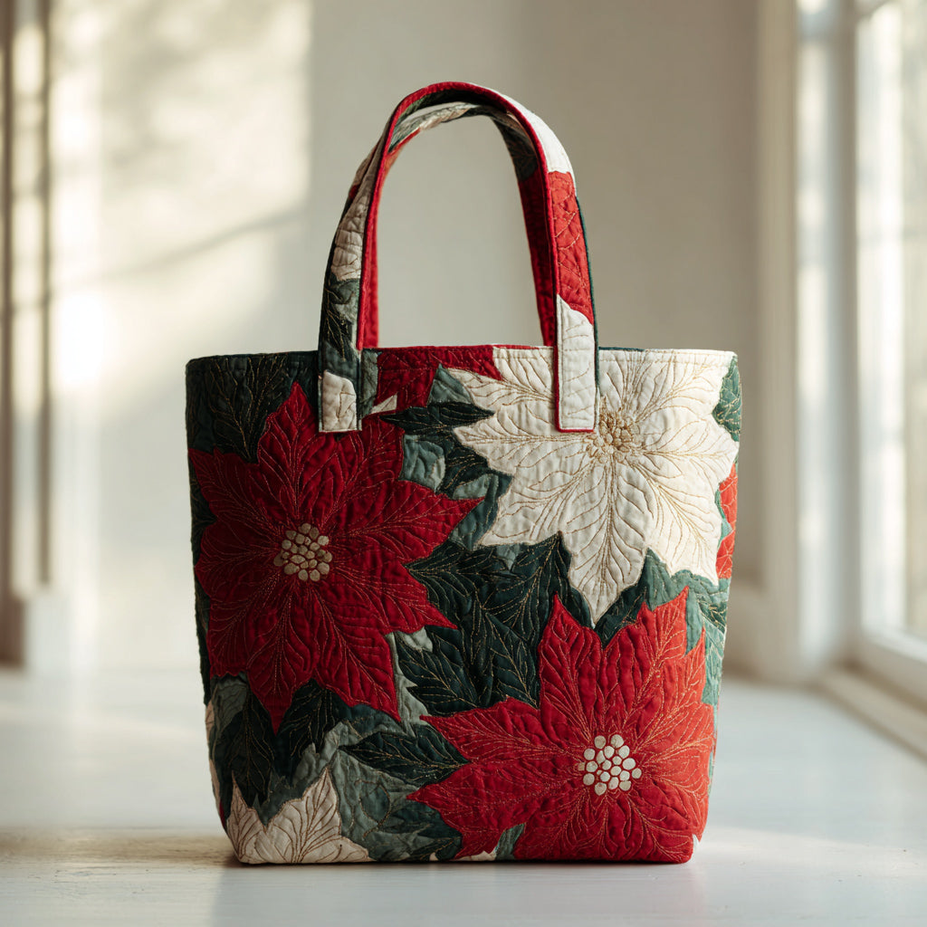 Crimson Poinsettia Quilted Tote Bag Christmas Flower Gifts