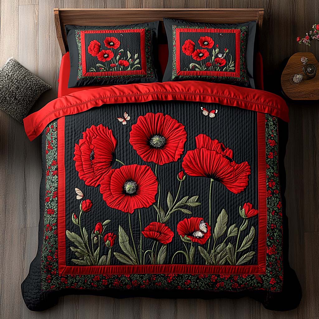 Crimson Poppy Fields Quilted Bedding Set Holiday Season Duvet Cover Set Christmas Gifts For Relatives