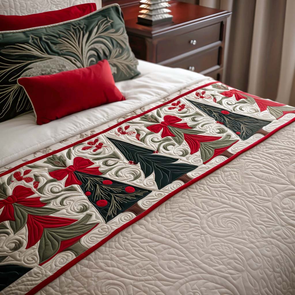Crimson Ribbon Glow Quilted Bed Runner Bed Christmas Decor Best Family Xmas Gifts