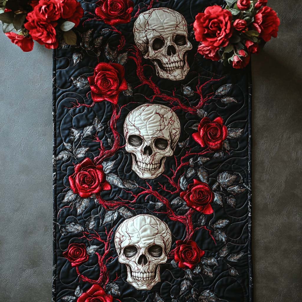 Crimson Skull Quilted Table Runner Dia De Los Muertos Table Runner Best Friend Presents