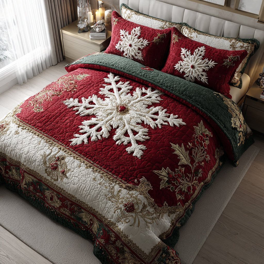 Crimson Snowflake Elegance Quilted Bedding Set Holiday Season Duvet Cover Set Christmas Presents For Mom