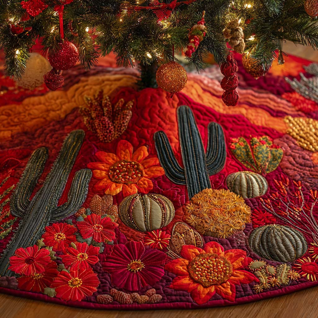 Crimson Sunset Cactus Quilted Tree Skirt Nature Themed Christmas Decor Gardener Xmas Gifts