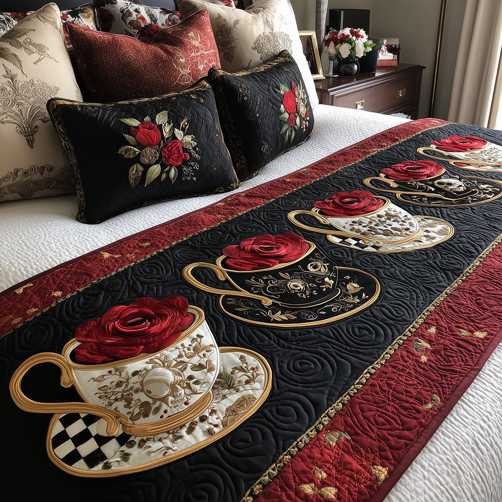 Crimson Teacup Bloom Quilted Bed Runner Cool Bedroom Decor Tea Holiday Gifts