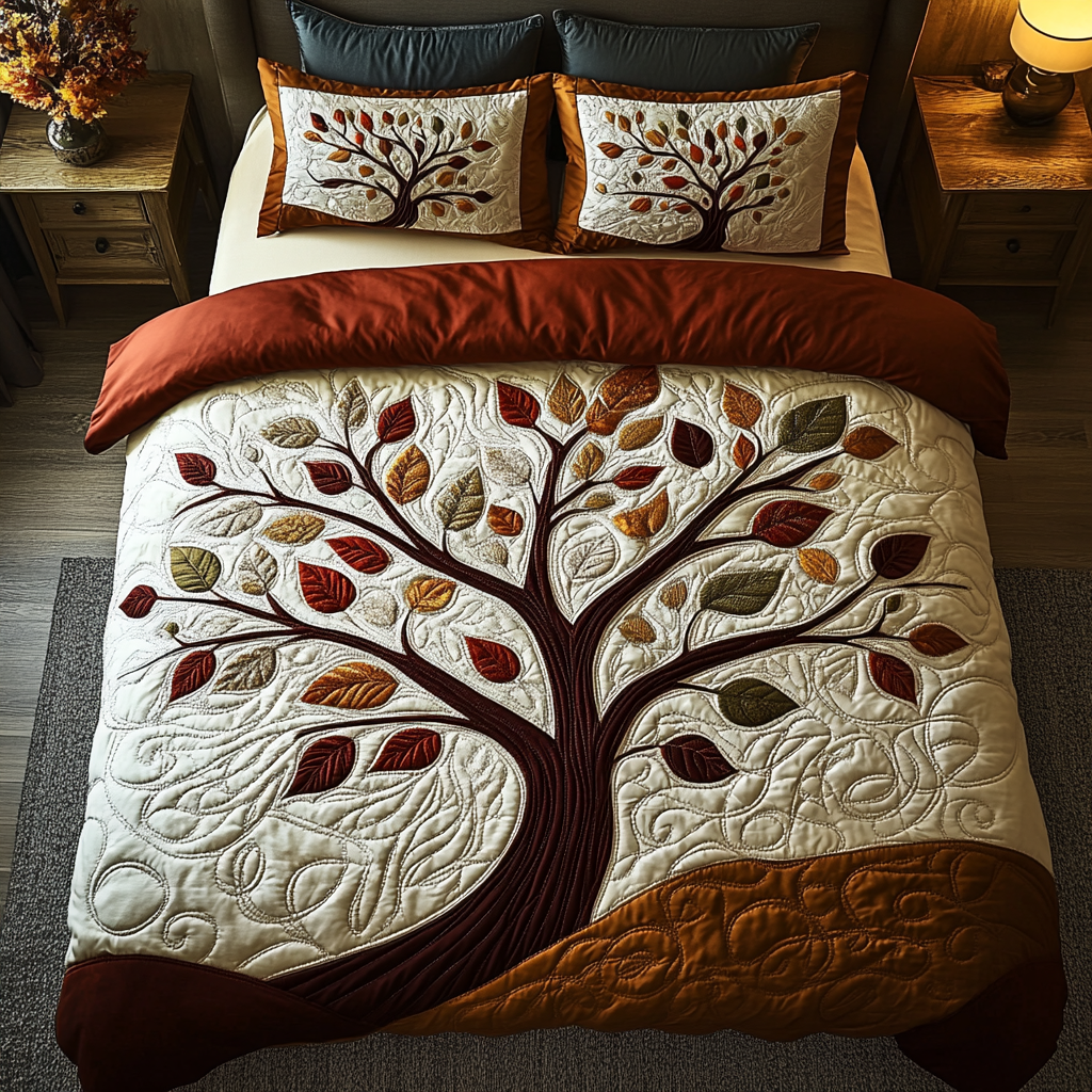Crimson Tree Quilted Bedding Set Cozy Bedroom Decor Tree Of Life Gifts For Her