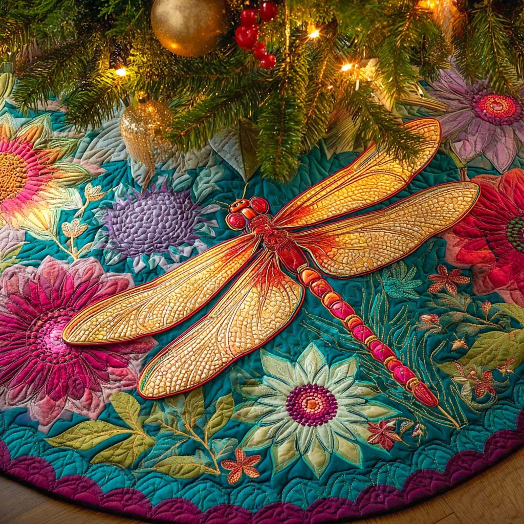 Crimson Twilight Glow Quilted Tree Skirt Xmas Tree Cover Base Christmas Gifts For Dragonfly Lovers