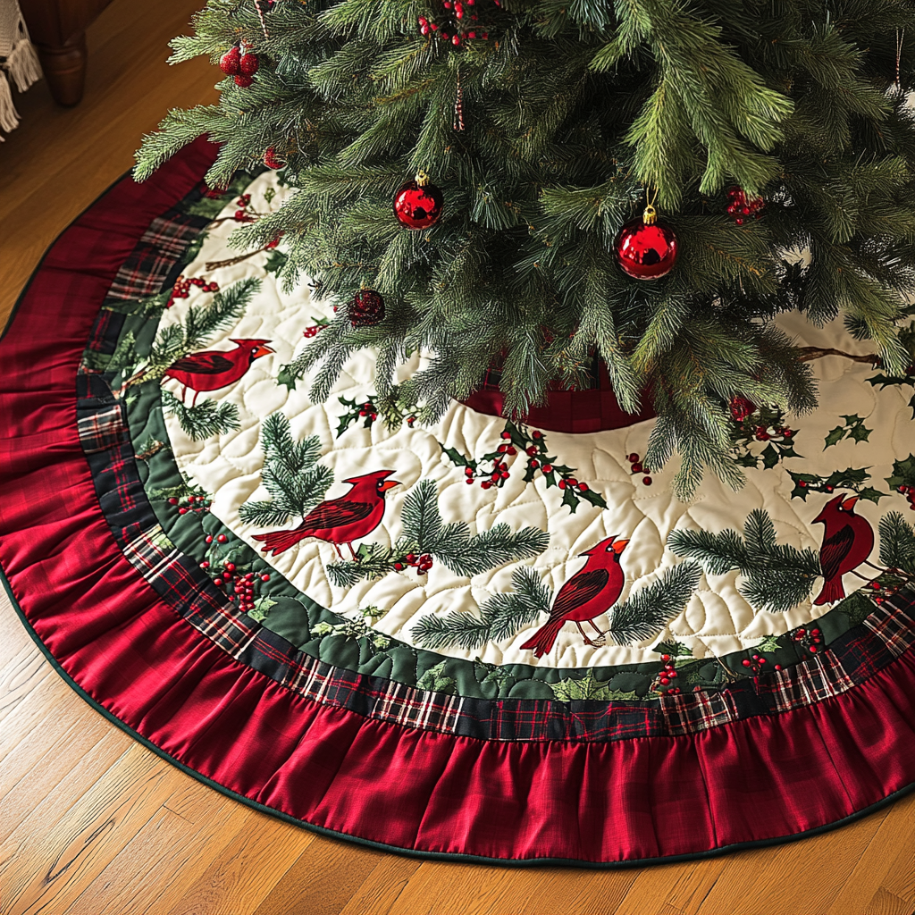 Crimson Wings Of Winter Christmas Quilted Tree Skirt Christmas Holiday Decor Home