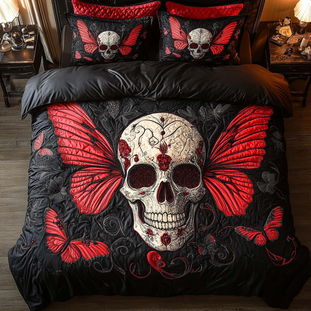 Crimson Wings Quilted Bedding Set Aesthetic Room Decor Skull Gifts For Women