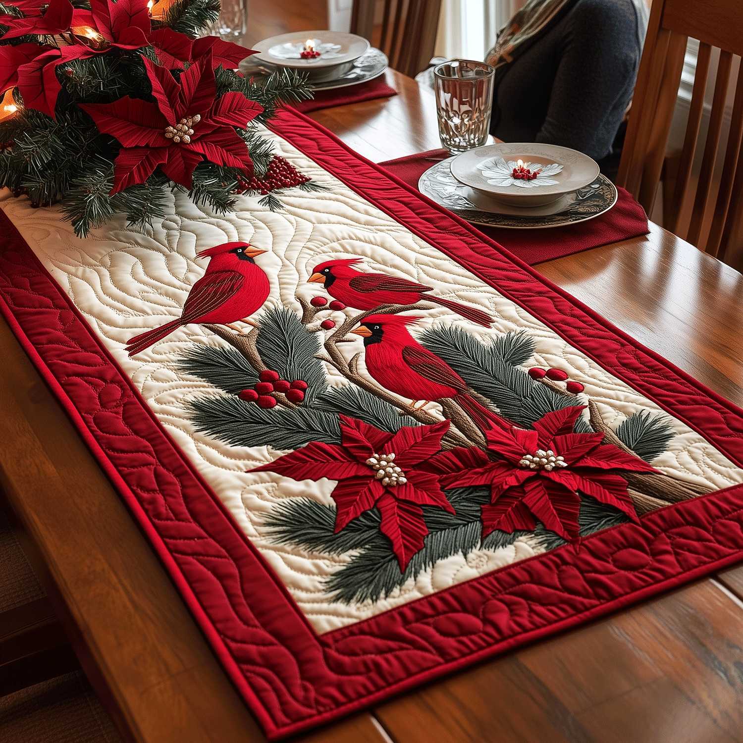 Crimson Wings Quilted Table Runner Holiday Dining Table Runner Cardinal Christmas Present