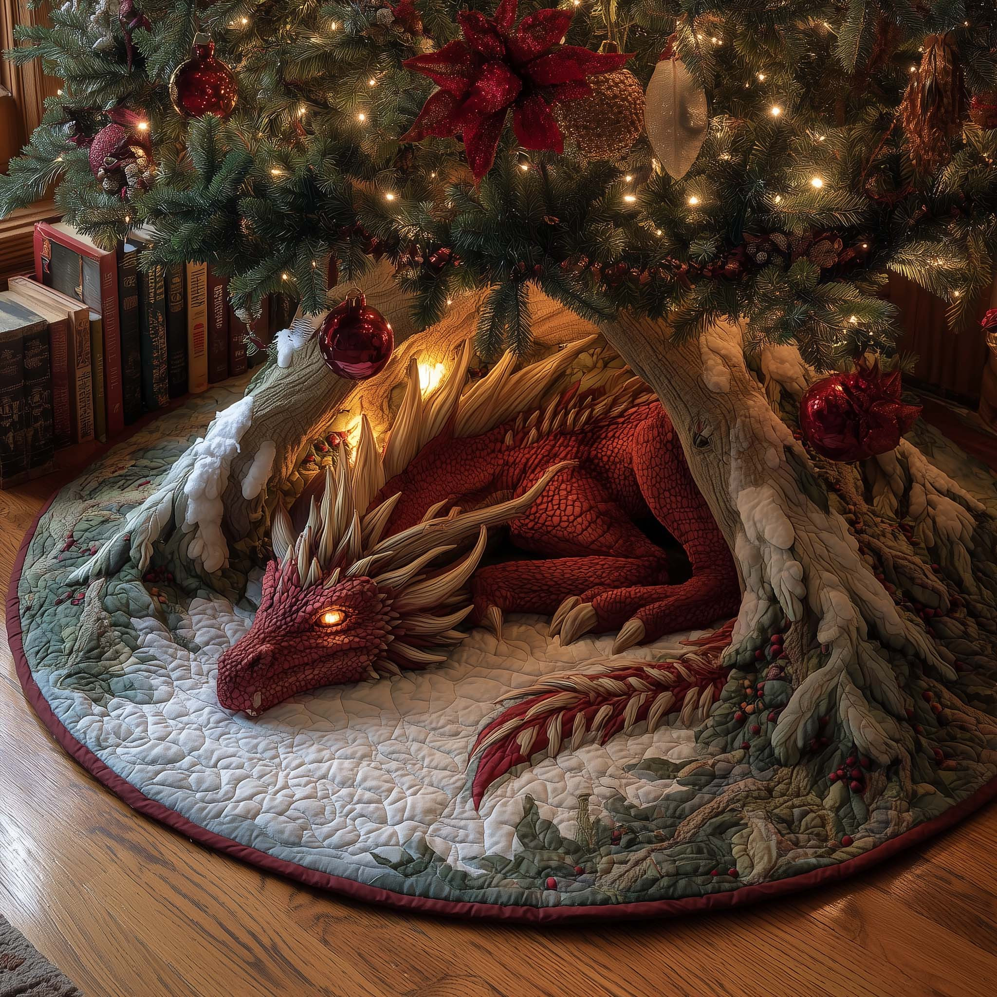 Crimson Winter Dragon Quilted Tree Skirt Fantasy Themed Christmas Tree Skirt Dragon Lover Xmas Gifts