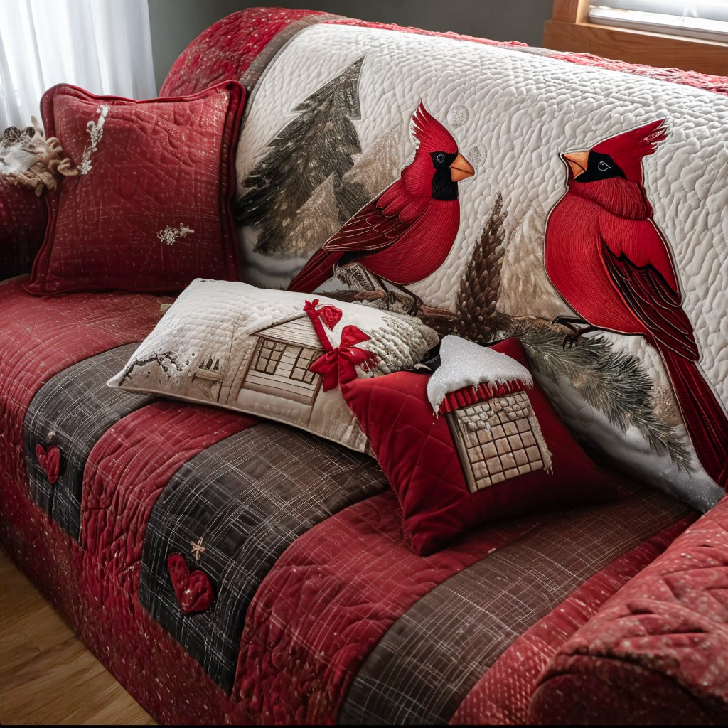 Crimson Winter Magic Quilted Sofa Cover Holiday Living Room Decor Cardinal Gifts For Christmas