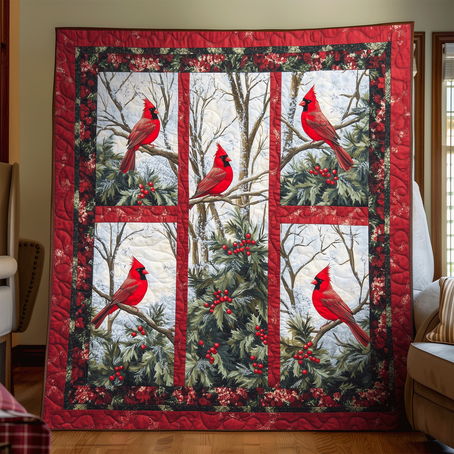 Crimson Winter Quilted Blanket Unique Cardinal Bird Gifts