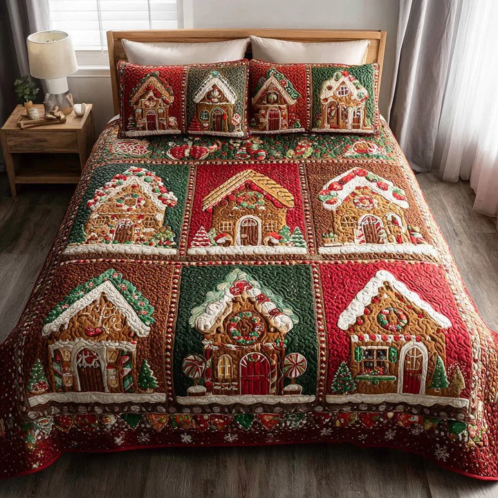 Crisp Cookie Christmas 3-Piece Quilted Bedding Set Gingerbread Holiday Bedspread Best Xmas Gift