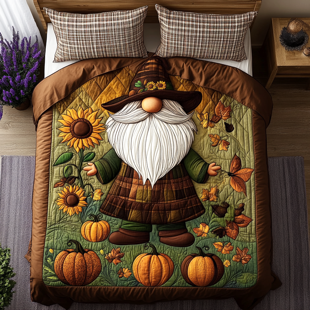 Crisp Leaves and Gnome Dreams Quilted Bedding Set Bed Decorations Autumn Gifts Items
