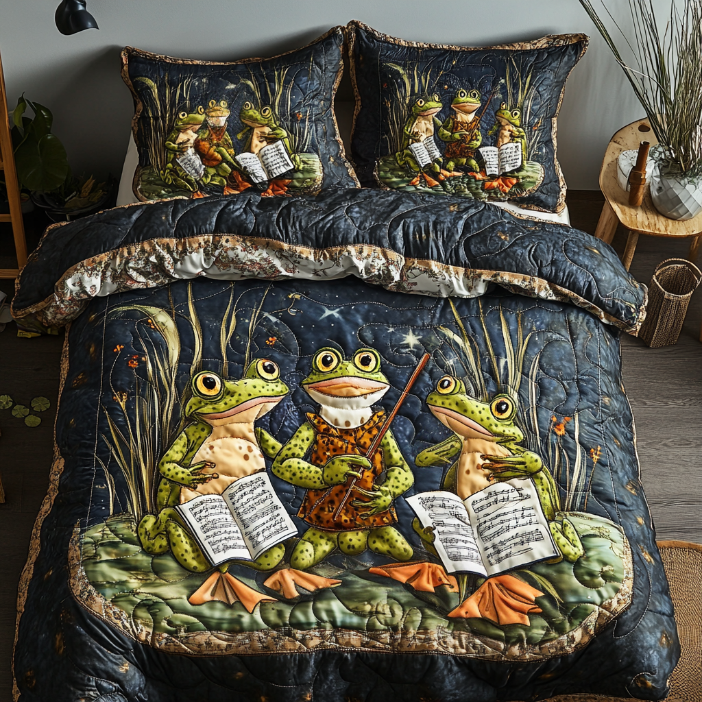 Croak Harmony Quilted Bedding Set Bed Decor Frog Gifts For Her