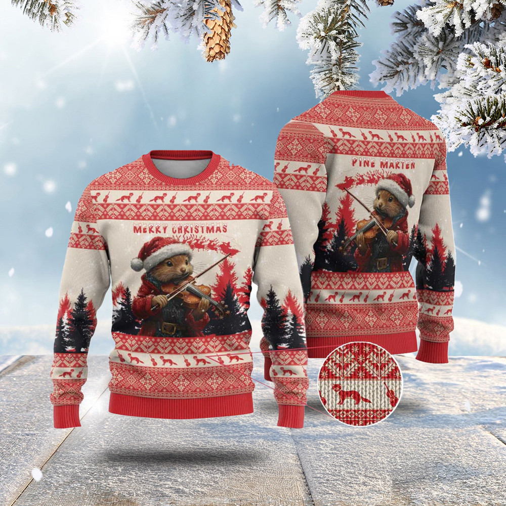 Croatia Christmas Ugly Christmas Sweater Pine Marten Playing Violin - Red Color