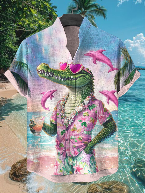 Crocodile Holding A Cocktail On Vacation Pink Dolphin Art Hawaiian Shirt Gifts For Dad