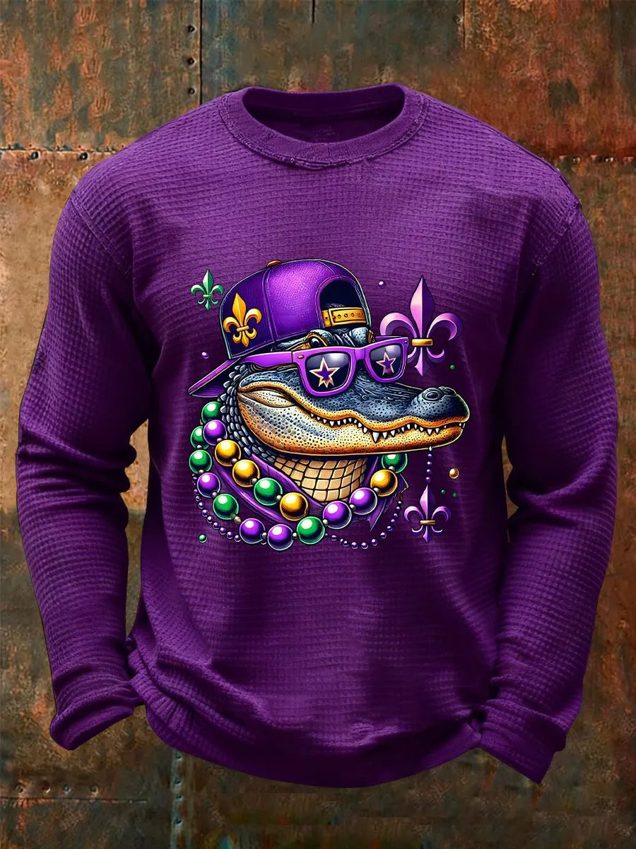 Crocodile Mardi Gras Waffle Long Sleeve T-Shirt Fat Tuesday Shirt Gifts For Dad