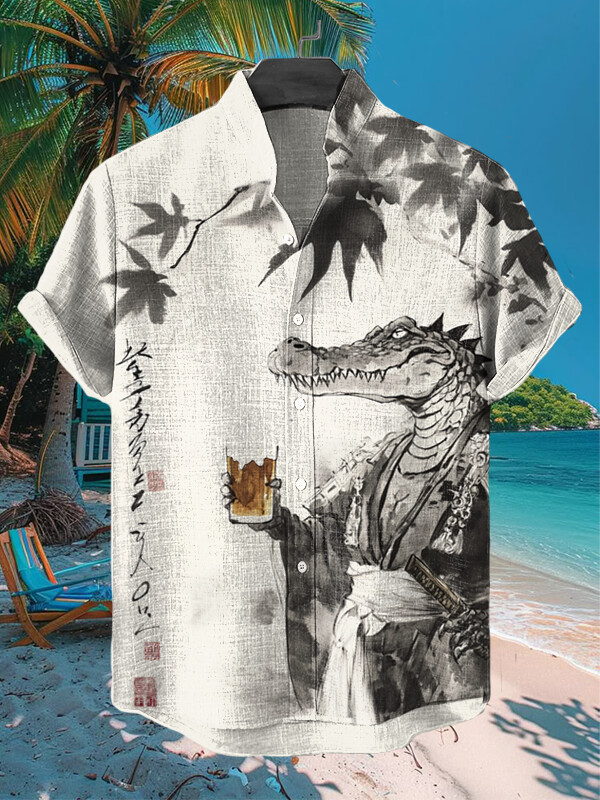 Crocodile Warrior Drinking Beer Japanese Ink Painting Print Hawaiian Shirt Him Gifts