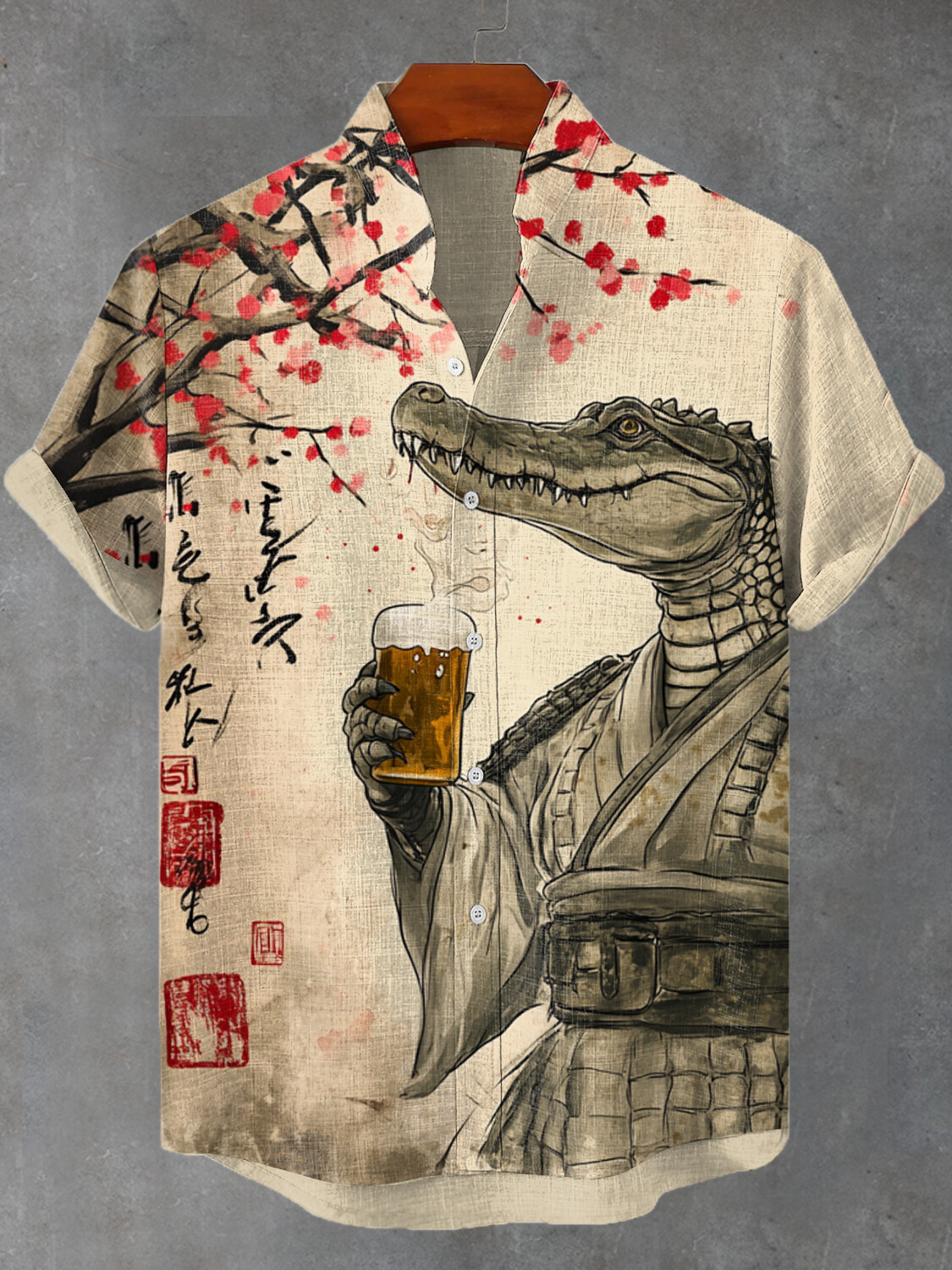 Crocodile Warrior Holding A Glass Of Beer Under The Plum Tree Art Hawaiian Shirt Men's Gifts