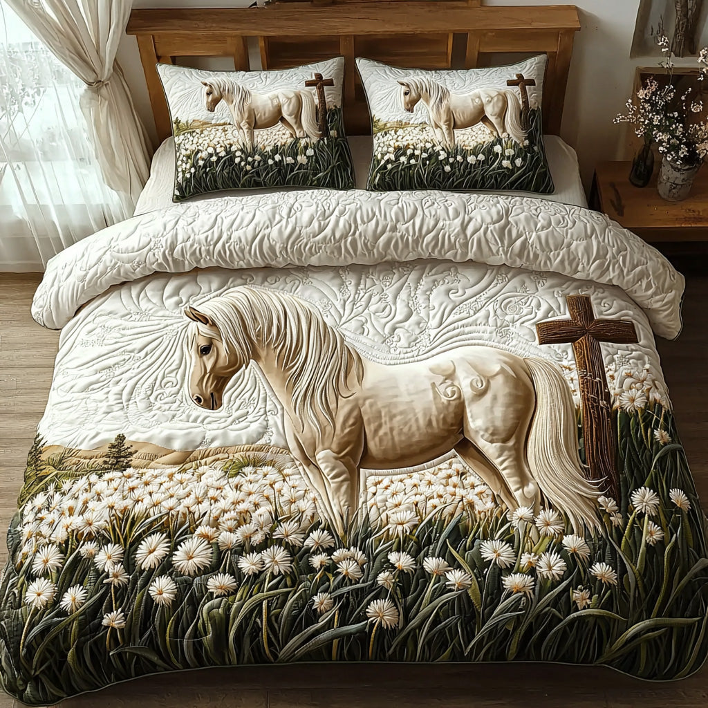 Cross and Bloom Quilted Bedding Set Aesthetic Room Decor Jesus Christmas Gifts