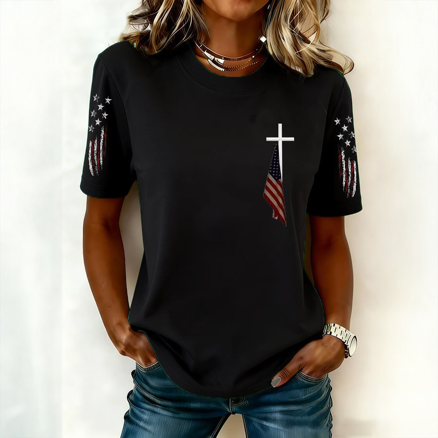 Cross And Flag Patriotic T-Shirt American Flag Independence Day Clothes Cool Gift For Patriots