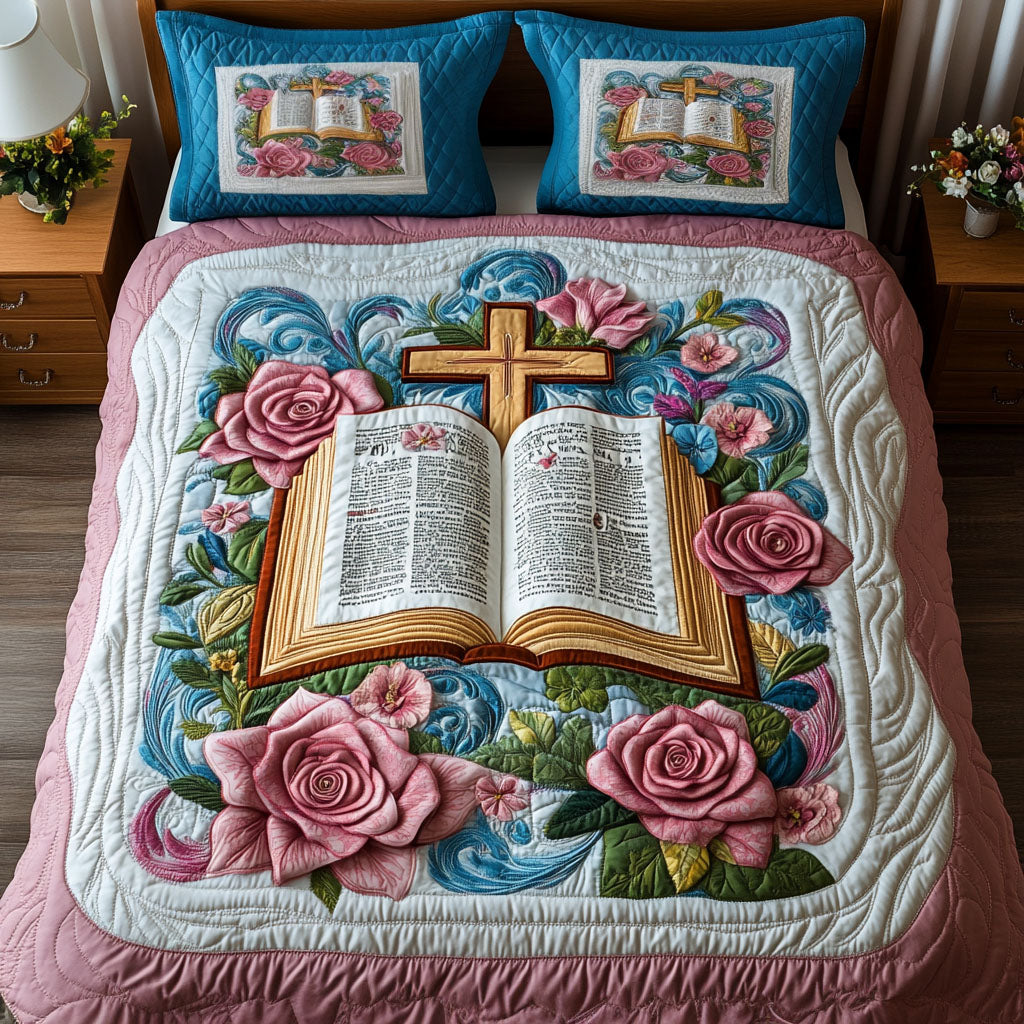 Cross and Petals Quilted Bedding Set Cute Bedroom Decor Christian Gifts For Friends
