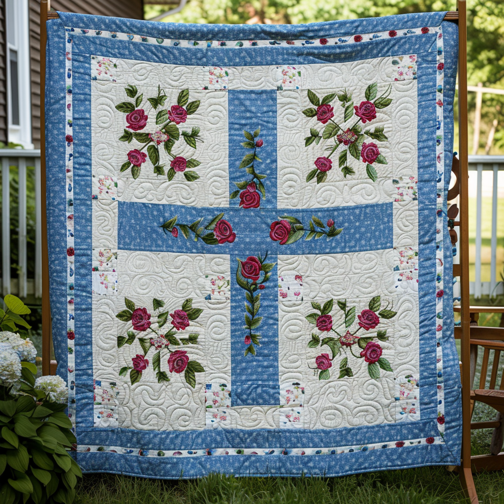 Cross And Roses Quilted Blanket Unique Christian Gifts