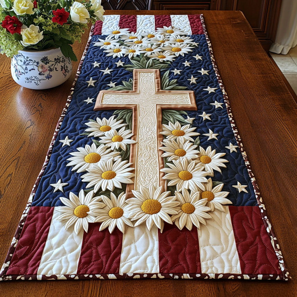 Cross Daisy Patriot Quilted Table Runner Nativity Table Runner Patriotic Christmas Gifts