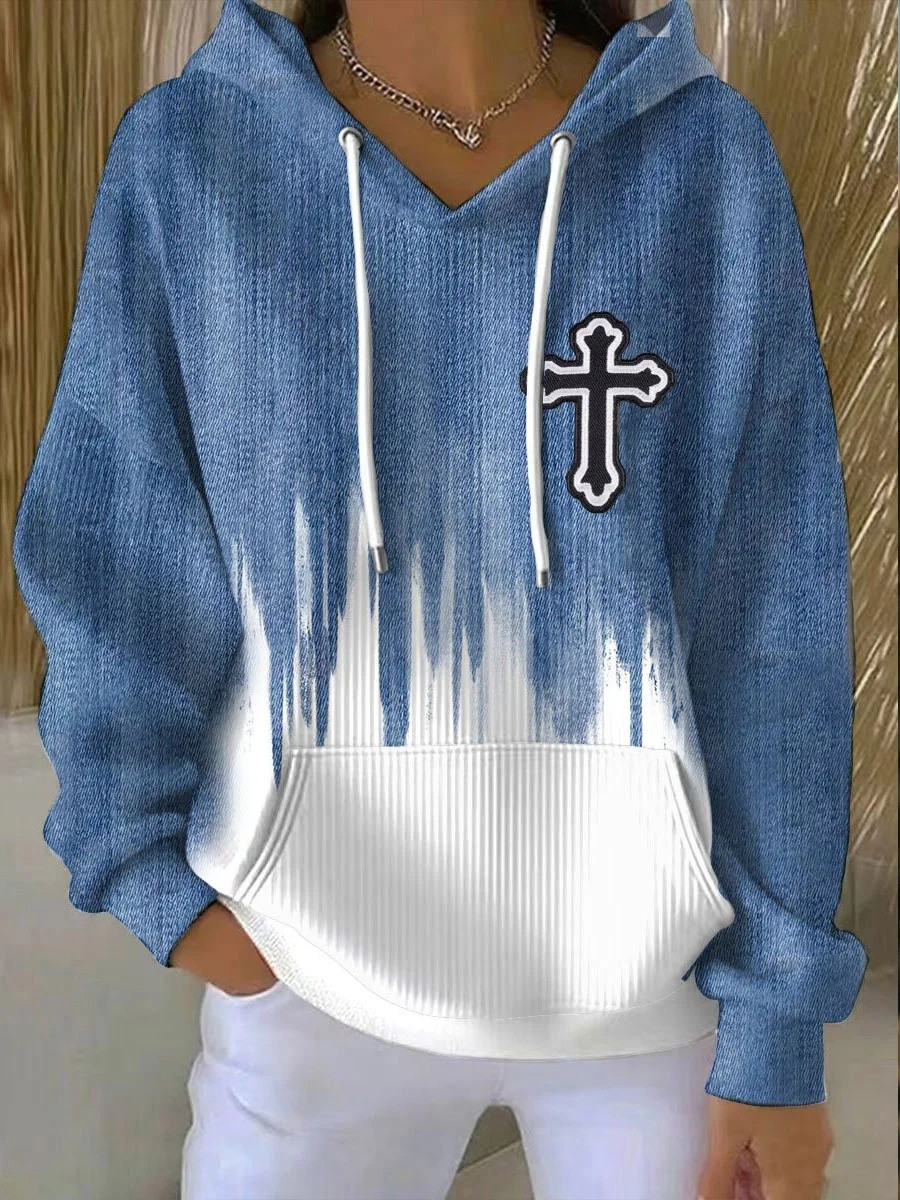 Cross Faith Denim Gradient Hoodie Women Christian Apparel Cute Hoodies Best Gift For Her