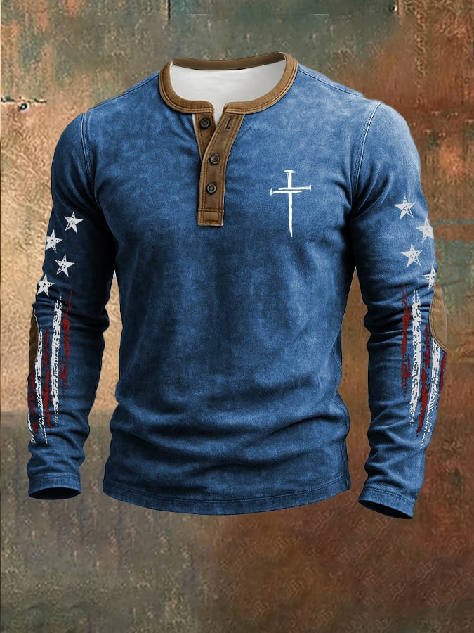 Cross Faith Henley Shirt American Flag 4Th Of July Clothes Gifts For Patriotic Dad
