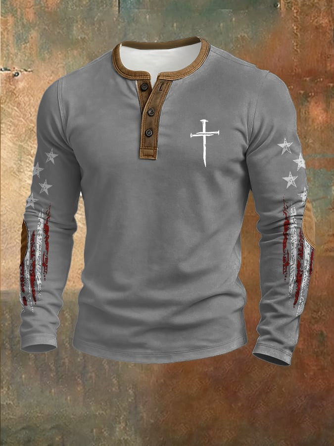 Cross Faith Henley Shirt USA Flag 4Th Of July Clothing Men's Gifts For Husband