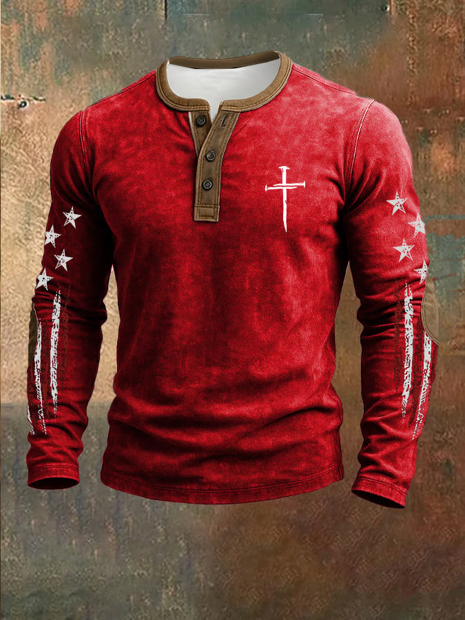 Cross Faith Henley Shirt USA Flag Patriotic Men's Apparel Fourth Of July Gifts