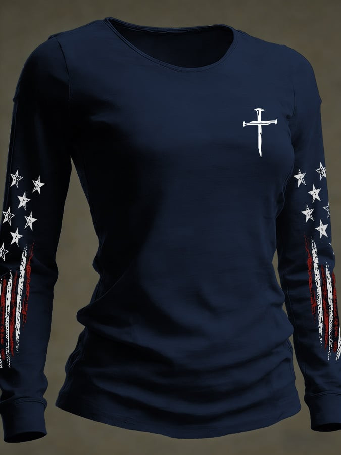 Cross Faith Inspired Long Sleeve T-Shirt 4Th Of July Apparel Women's Patriotic Gifts