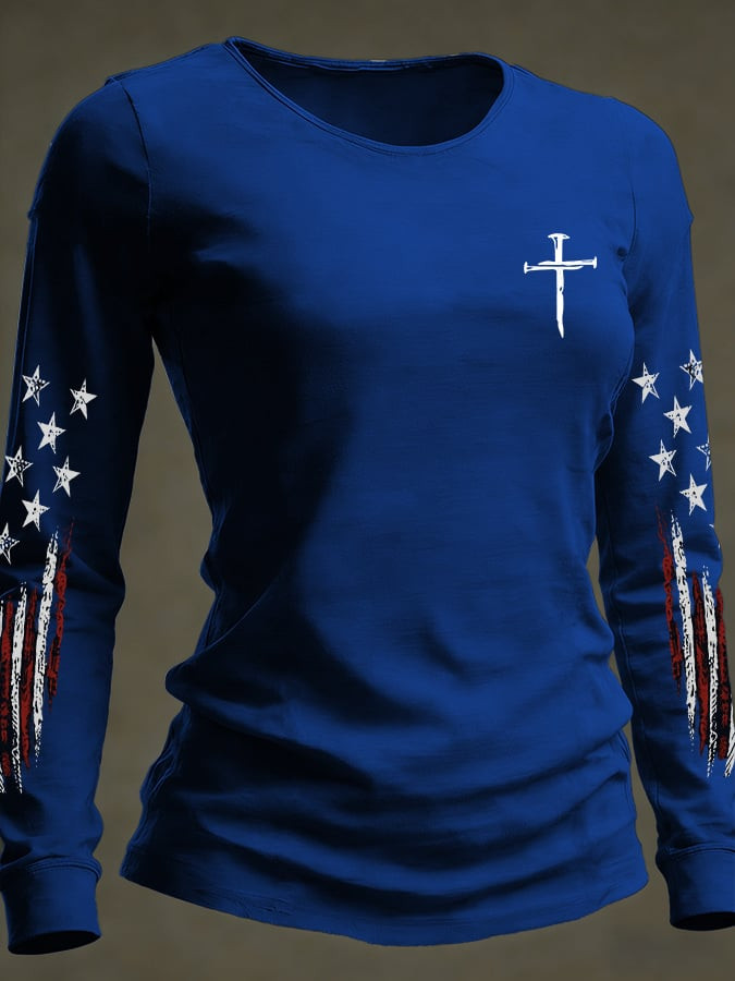 Cross Faith Inspired Long Sleeve T-Shirt Womens Patriotic Shirts Fourth Of July Gifts