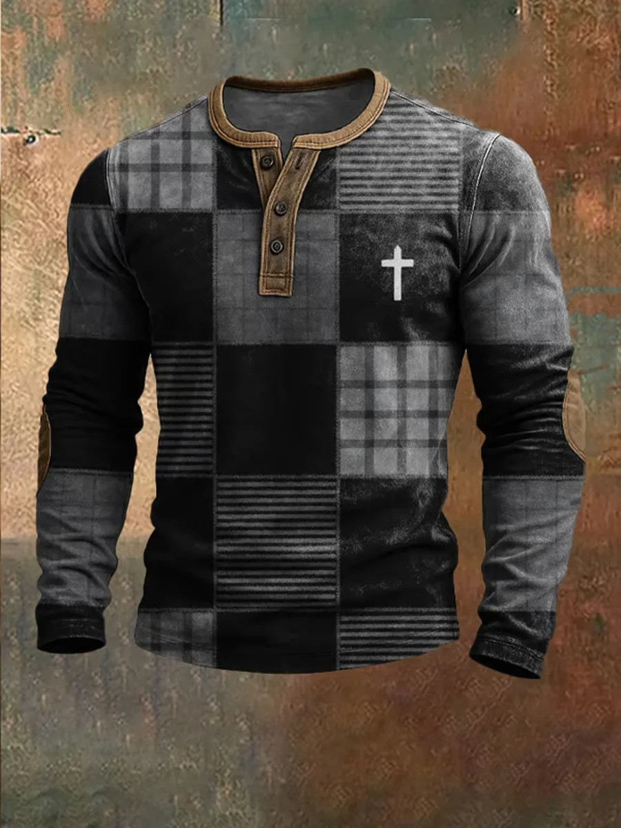 Cross Faith Patchwork Plaid Henley Long Sleeve Shirt Men Christian Apparel Gift Ideas
