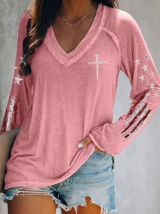 Cross Faith V-Neck Long Sleeve Shirt American Flag 4Th Of July Apparel Gifts For Girlfriend