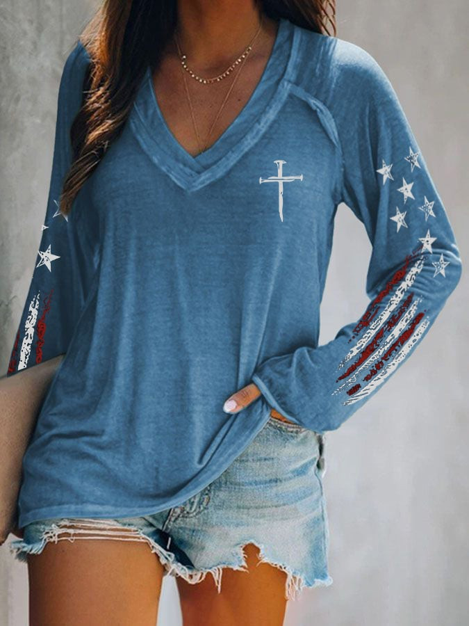 Cross Faith V-Neck Long Sleeve Shirt American Flag Women's Patriotic Apparel Gifts Ideas
