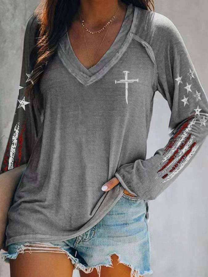 Cross Faith V-Neck Long Sleeve Shirt USA Flag Patriotic Apparel Gifts For Wife